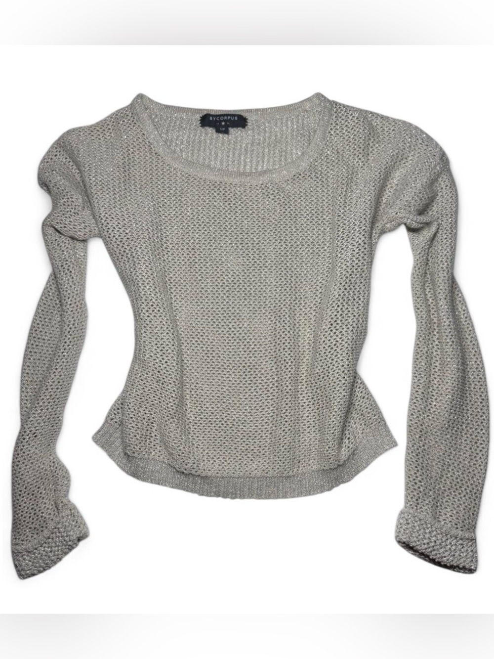 BYCORPUS Metallic Knit Olive Beige Open Weave Crochet Pullover Long Sleeve Beach